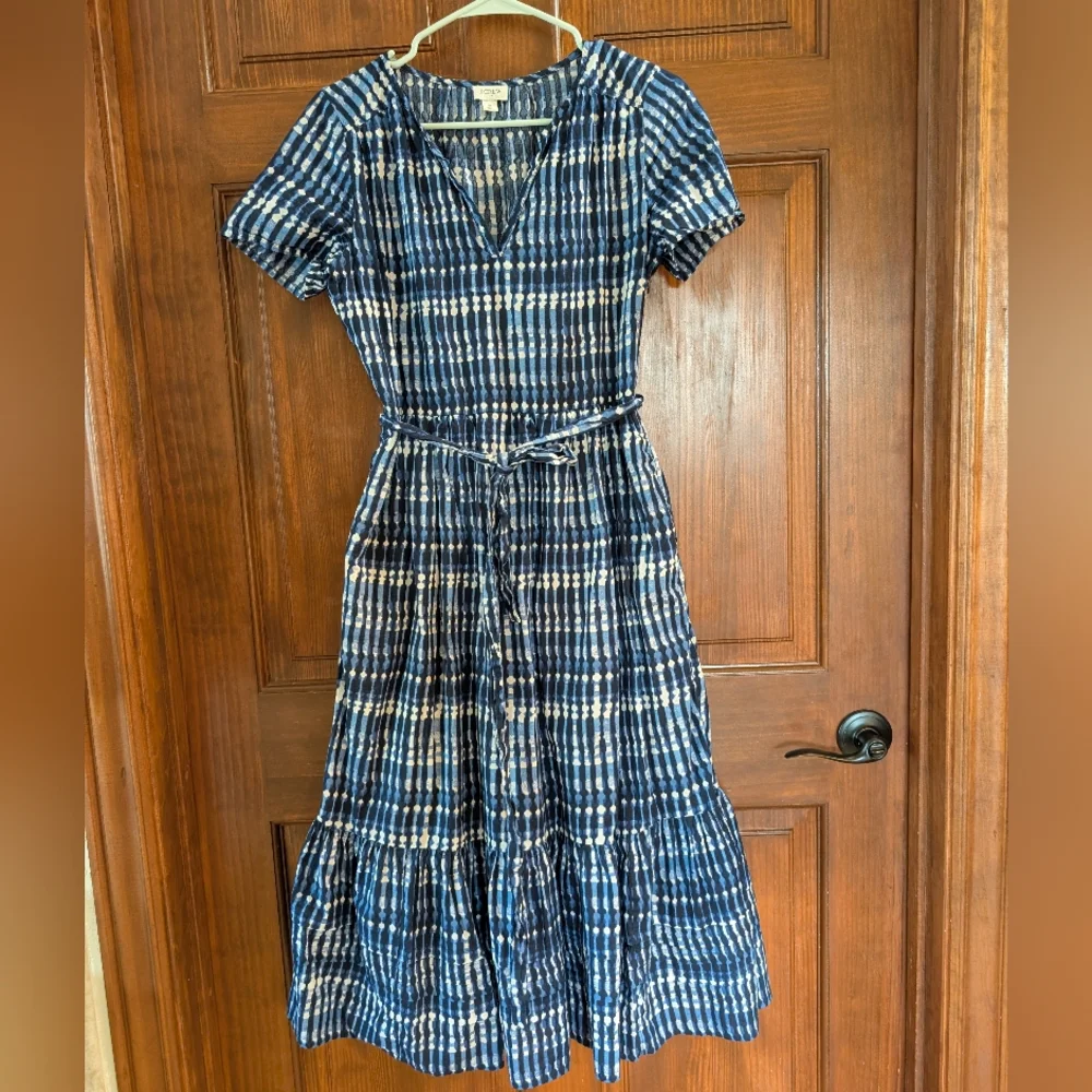 J Crew Factory Tie Dye Blue White Tiered Midi Dress 100% Cotton Pocket Sz 6 Belt - Picture 3 of 16